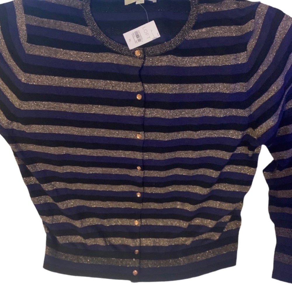 Blue/Purple, Gold, Black Striped Womens XL LOFT Cardigan Sweater NWT